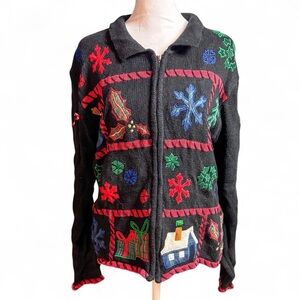 Designer Originals Studio Festive Black Holiday Sweater with Colorful Patterns